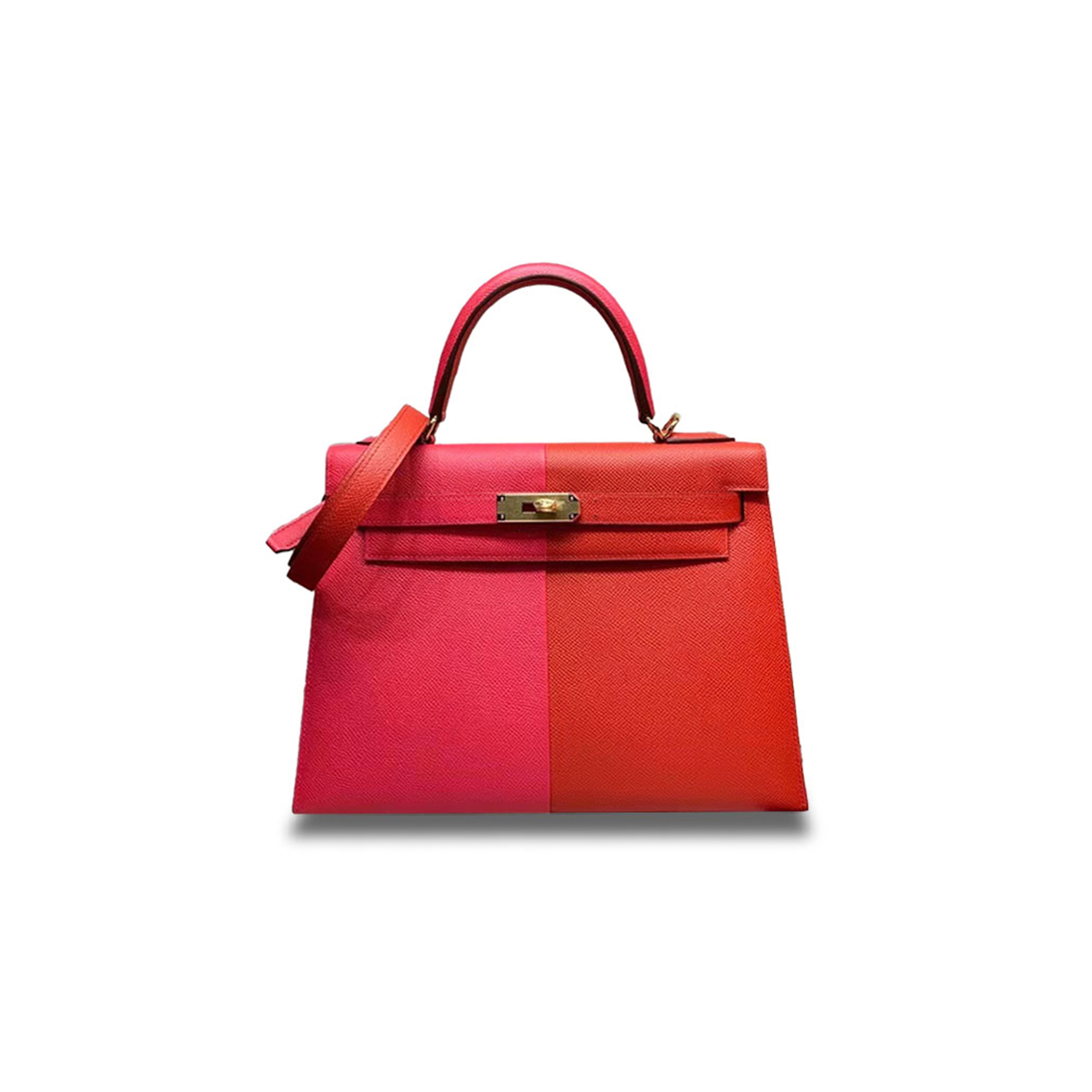 HERMÈS MASTER KELLY 25 EPSOM LEATHER, EXTREME PINK HEART RED, FLORAL BLUE INNER SPELLING, GOLD BUCKLE (25*17*7cm)